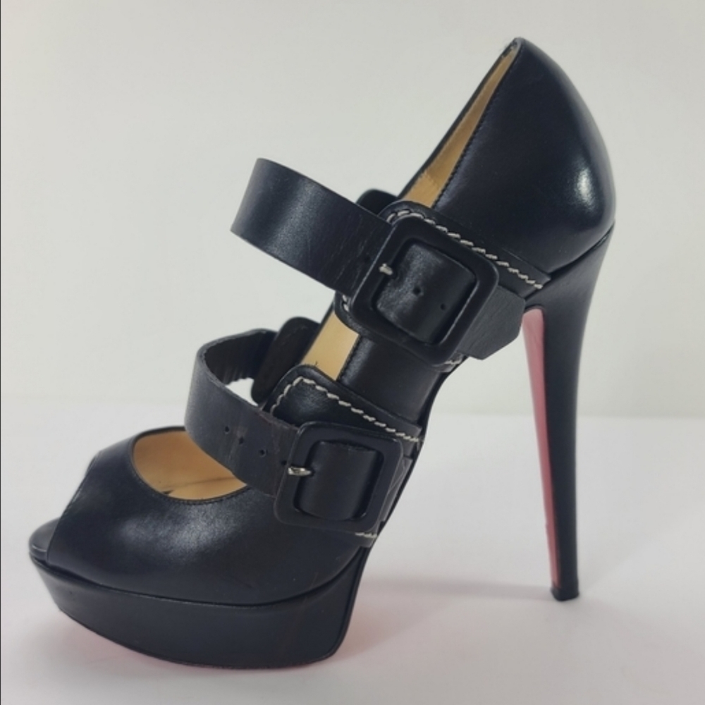 ❤️ RED BOTTOM ❤️ Black  Leather Buckles Size 6.5EU